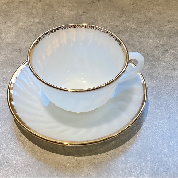 Fire King Milk Glass White and Gold Cup and Saucer - White Swirl made by Anchor - Picture 4 of 6